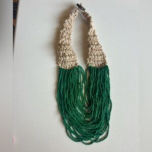 Boho Forest Green Beaded and Natural Fiber Necklace